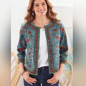 Parsley & Sage Jacket Floral Embroidered Blue Size Small Bohemian Artsy Cotton